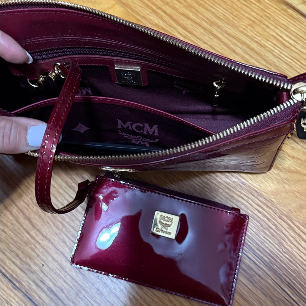 MCM Patent Leather Crossbody Bag in Burgundy with Gold Chain - Picture 4 of 5